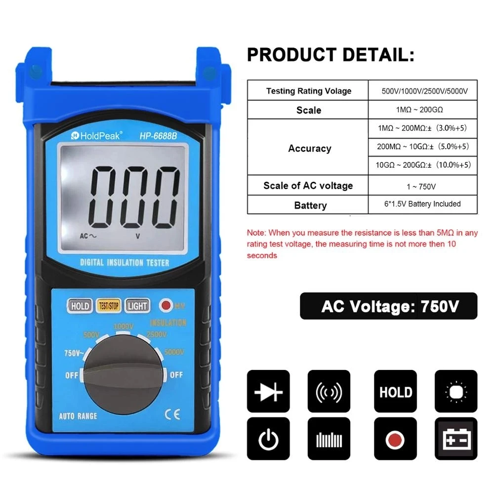 HoldPeak HP-6688B testeur de résistance d'isolation nouveauté haute qualité numérique 5000V testeur Portable isolé mégohmmètre