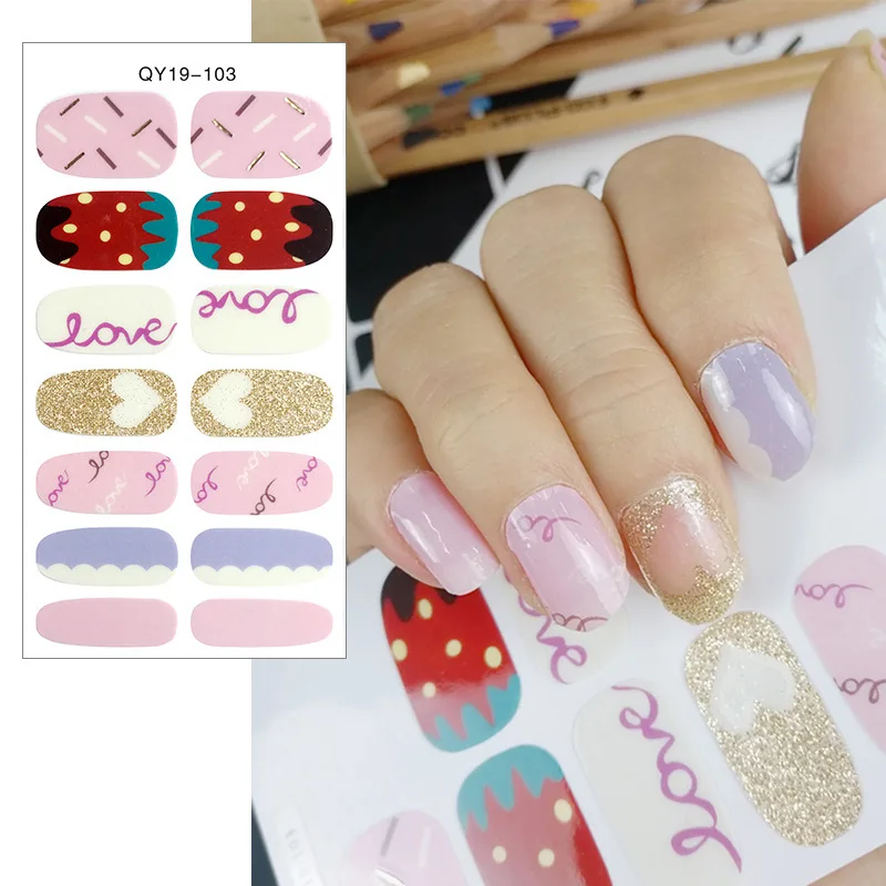 3D cartoon nail art stickers 14 tips full cover nails animals star  flowers heart letters for lover back glue nail strip FW112