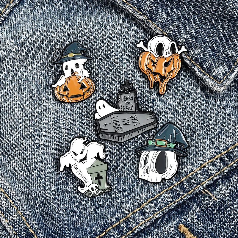 Halloween Cartoon Pumpkin Skeleton Enamel Brooch I'm Coming Ghost Tomb Coffin Badge Pins Trendy Punk Lapel Backpack Jewelry Gift
