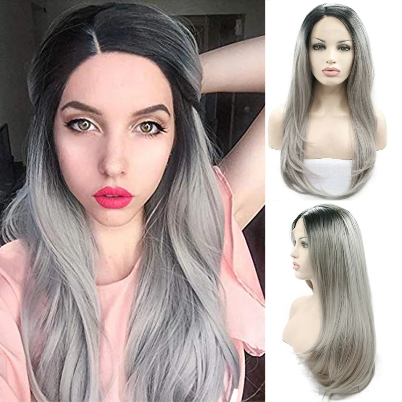 Long Black Ombre Gray Synthetic Lace Front Wig Cosplay Body Wave Colored Frontal Curly Wigs For Black Women Pre Plucked Hair