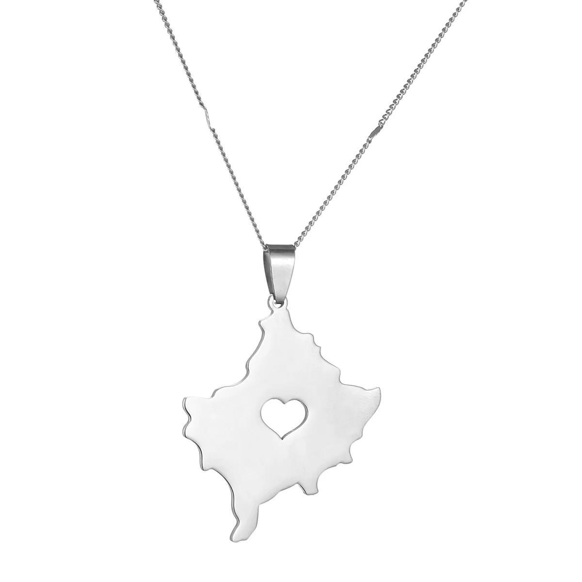 Stainless Steel Silver Color Heart Kosovo Map Pendant Necklace Kosoves Women Men Neck Chain Jewelry