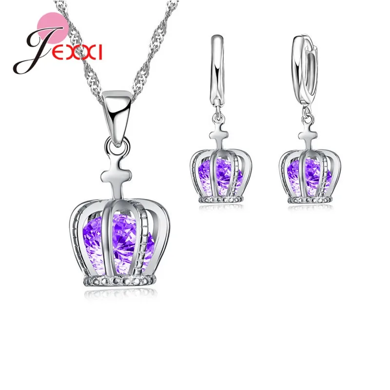 Free ship  New Jewelry Set 925 Sterling Silver Cross Crown Pendant Necklace Korea Lever Back Earring Woman Gift