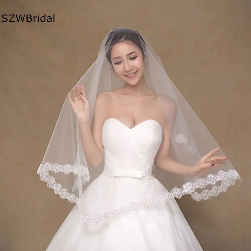 

New Arrival Welon Ivory Wedding Veils Lace Edge without Comb Sexy Bridal Veil Velo de novia 1.5 Meter Bridal accessories Wesele