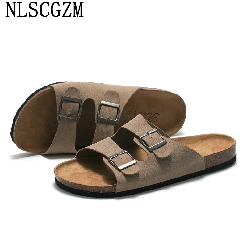 Summer Slippers Men Double Monk Strap Unisex Slippers for Men Casual Leather Slippers for Men 2024 Slides Shoes мужская обувь