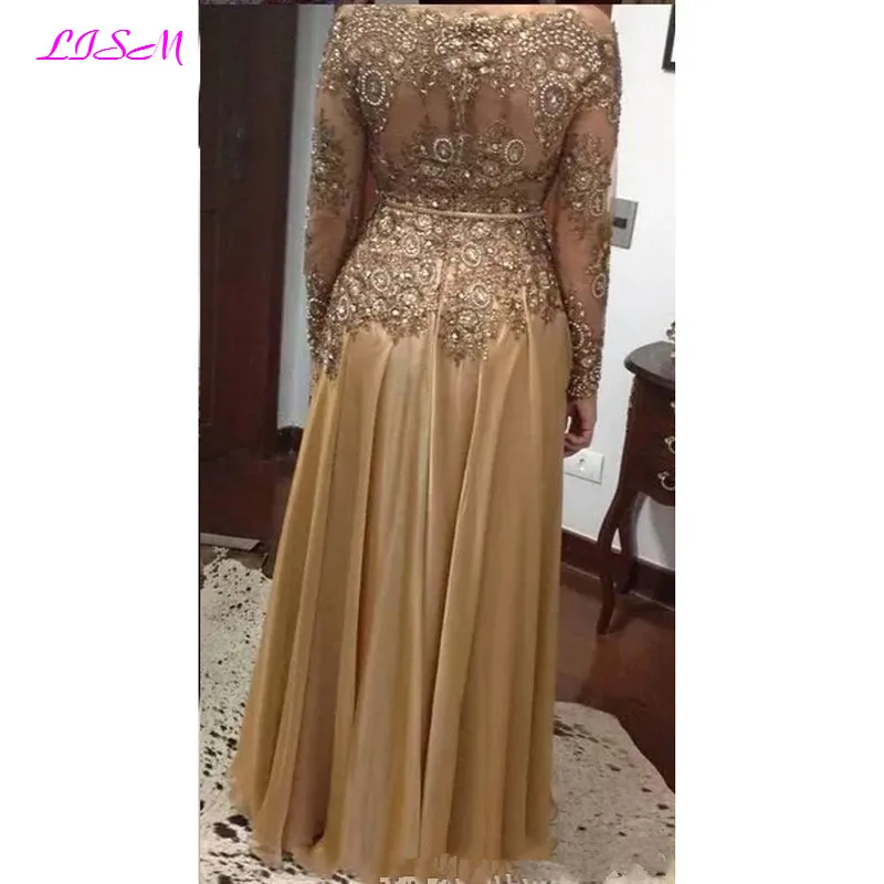 Vestidos dorados de manga larga para madre de la novia, línea A con cuentas de cristales, vestido de fiesta de noche de talla grande, vestido de invitados de boda