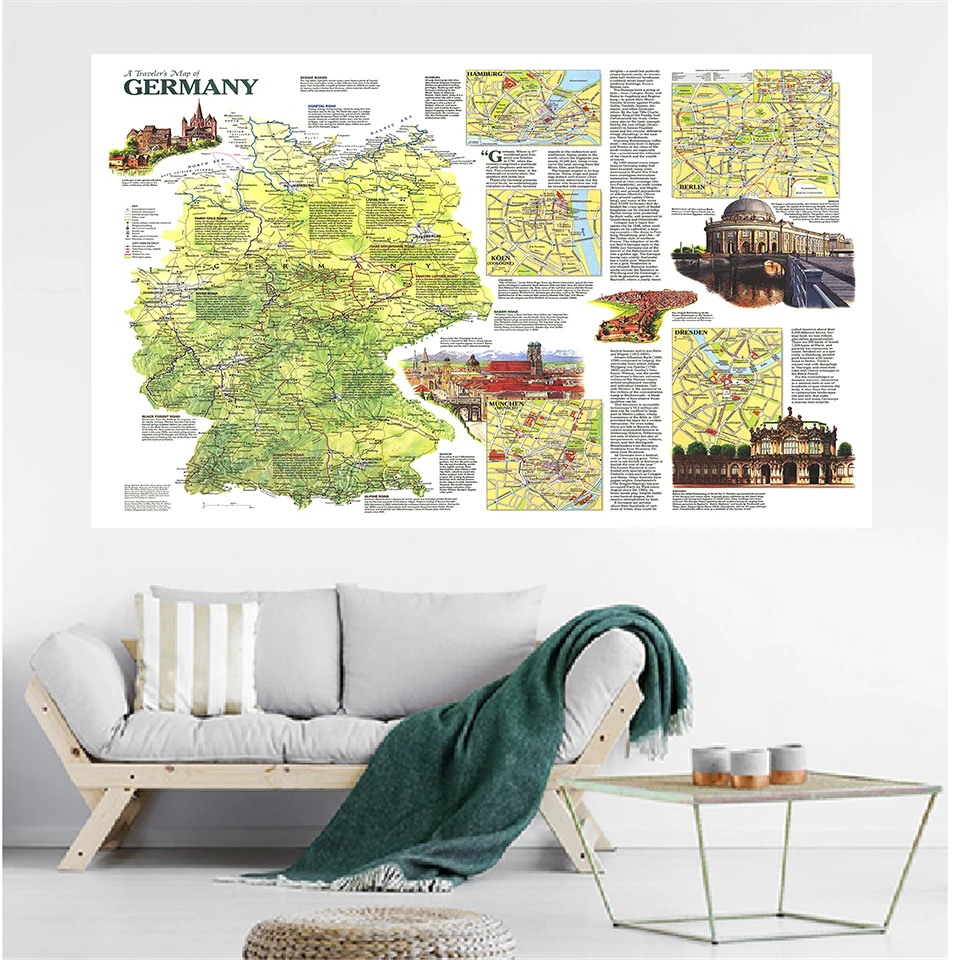 150*100cm Travel Map of Germany In 1991 Vintage Poster Non-woven Canvas Painting Living Room Home Decoration School Supplies