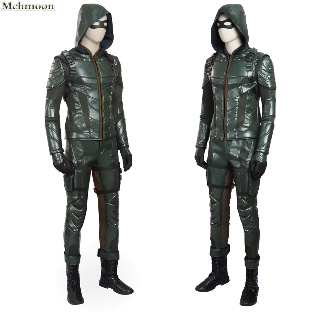 The Arrow Season 5 Green Arrow Cosplay Costume Oliver Quee Outfit Halloween Costumes Men Leather Pantsfantasias adulto masculino