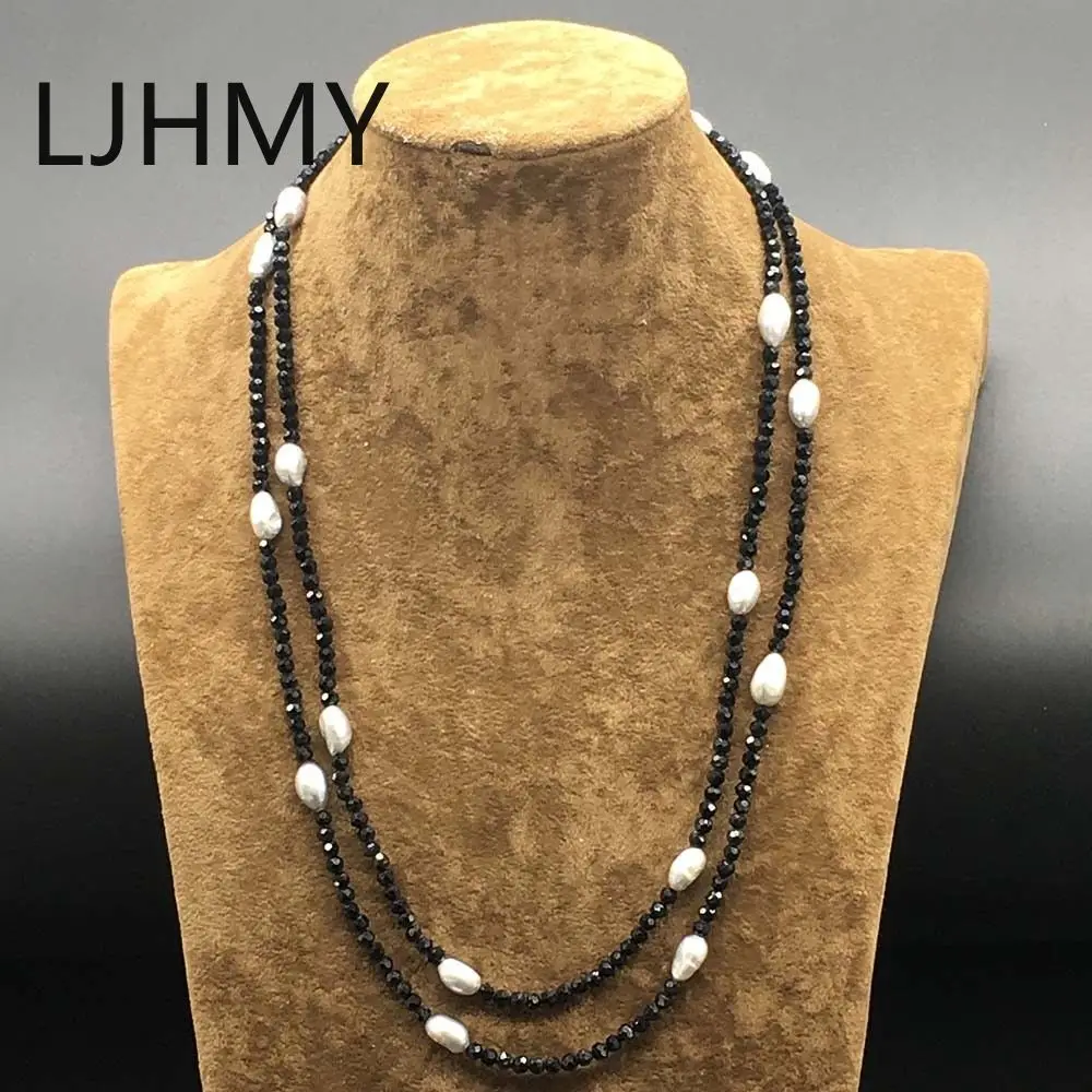 String Black Onyx Faceted Sparking  Real Freshwater Pearl Necklace Long 50 Inches  Punk  Layered Custom Necklace Women