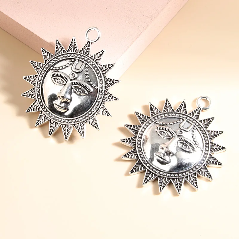 3pcs Silver Color 60x53mm Large Sun With Face Charms Connector Pendant Fit DIY Jewelry Making Handcrafted Accessories