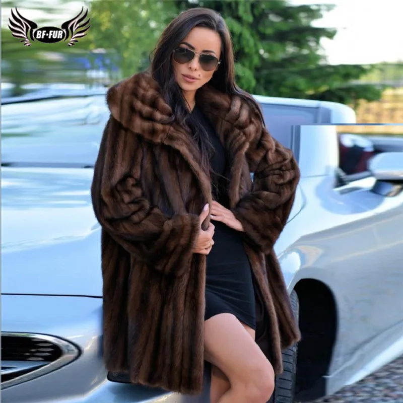 BFFUR Fashion Mink Fur Coats For Women Whole Skin Natural Mink Fur Coat Medium Length Coffee Color Fur Overcoats Trendy New