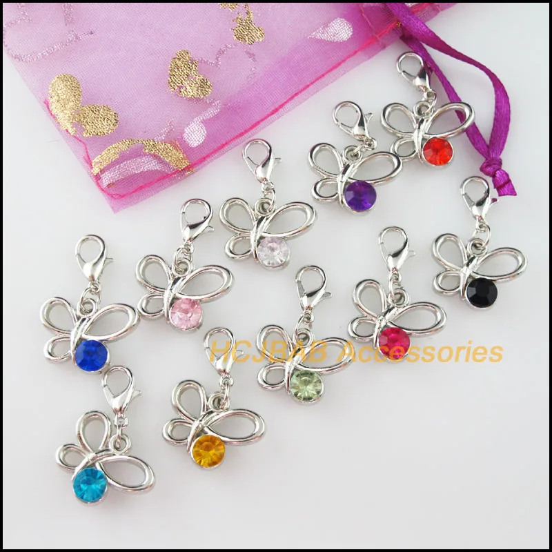 20Pcs Dull Silver Plated Mixed Crystal Butterfly Charms With Lobster Claw Clasps 14x19mm