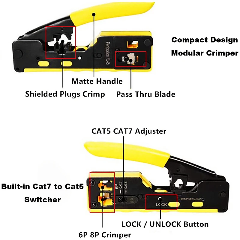 Htoc CAT7通過圧着工具Cat7 Cat6 Cat5 6p/8 1080pイーサネットRJ45ワイヤーストリッパーカッタークリンパーオールインワンマルチツール