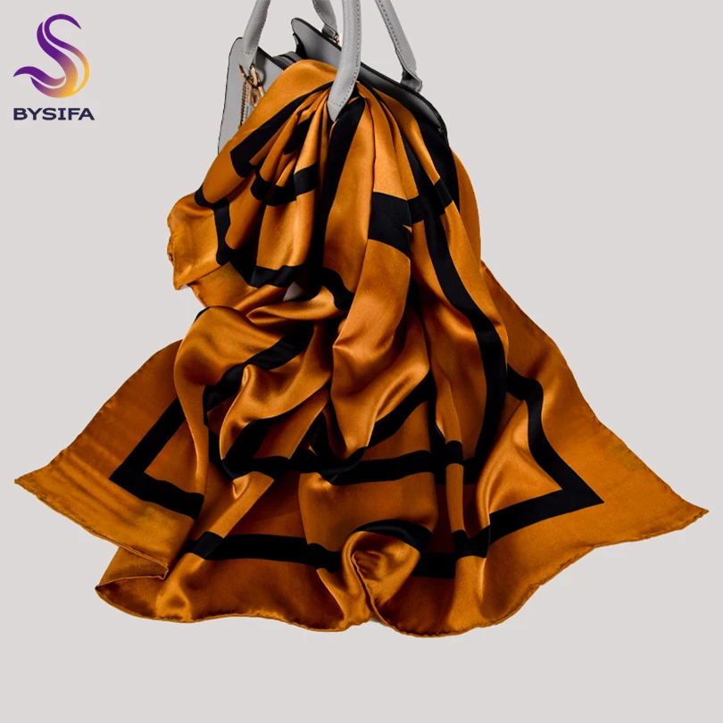 BYSIFA| New Coffee Gold Pure Silk Scarf Shawl Fashion Women Large Square Scarves Wraps 90*90cm Spring Fall 100% Silk Scarf Hijab