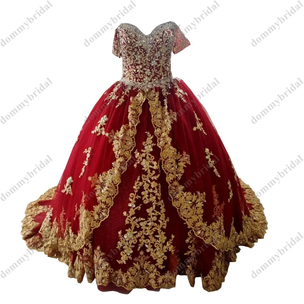 Amazing Gold Patterned Lace Applique Off the shoulder Burgundy Ball Gown For Women Teens Juniors Quinceanera Prom Formal Party