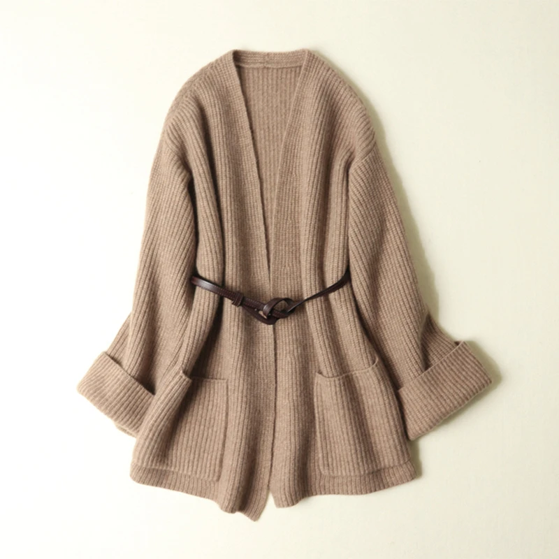 Áo Khoác Cardigan Nữ 100% Cashmere Đơn Giản Thiết Kế Tất Dài Túi Tay Dài 3 Màu Áo Cổ Vest Mới Phong Cách Thanh Lịch