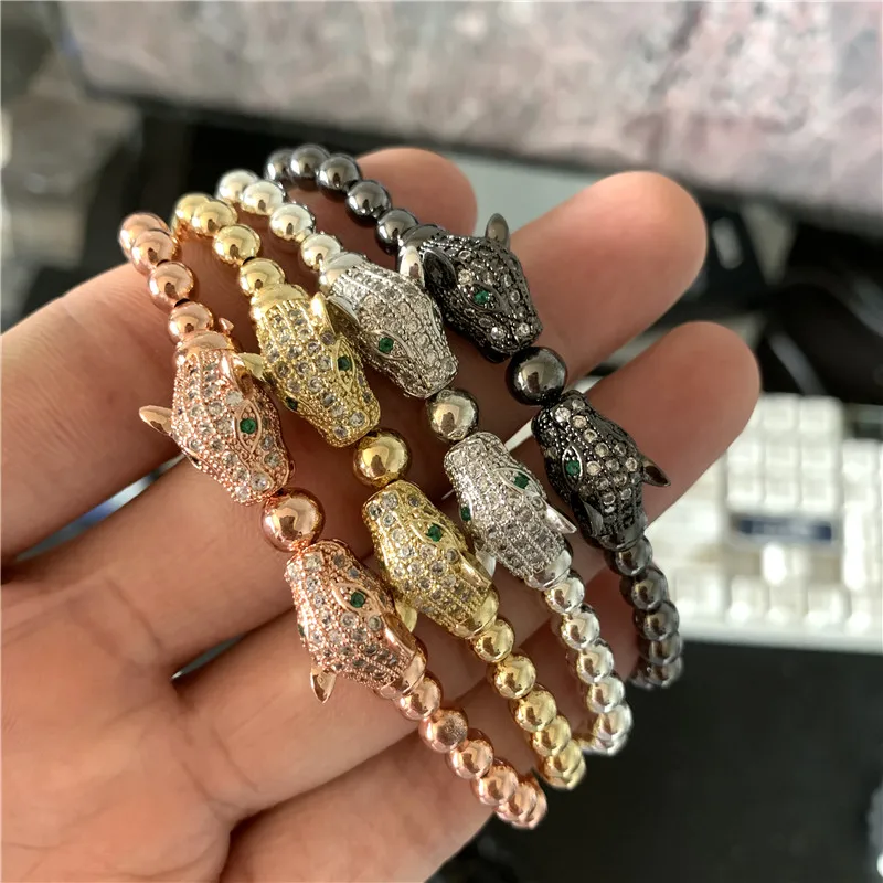 

Trendy Micro Pave CZ Leopard Head Braided Macrame Charm Bracelets Punk Men Women Copper Beads Adjustable Bracelet Jewelry Gift