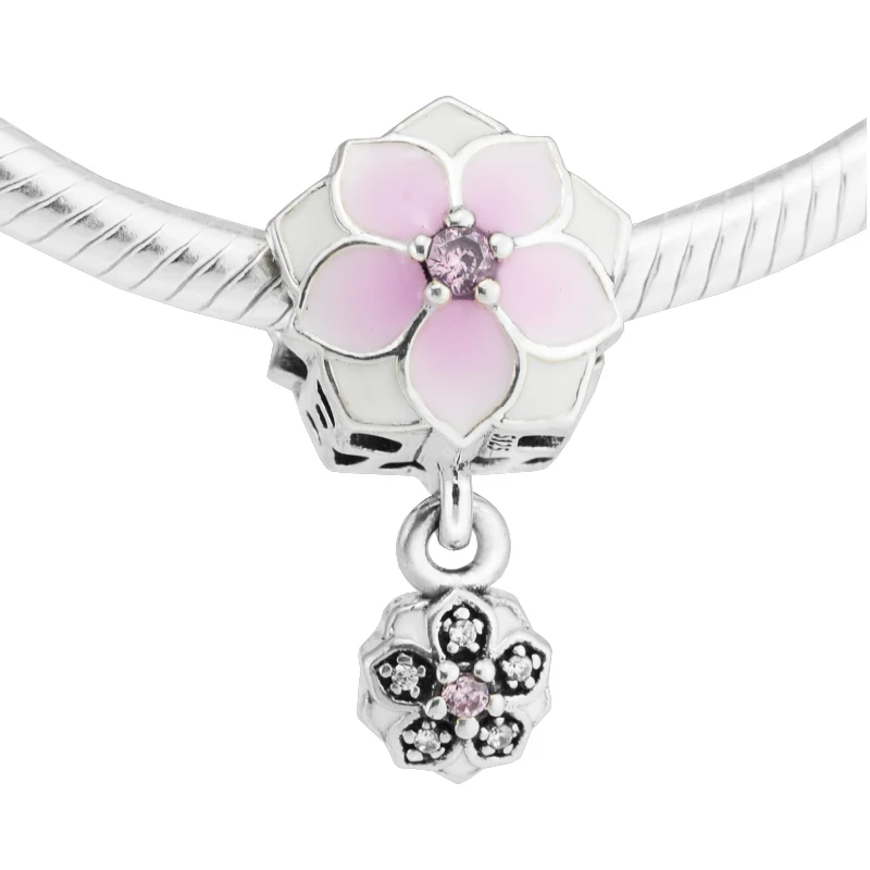 

Магнолия Блум бледно Cerise эмаль розовый & Прозрачный CZ Подходит для бисера Серебряные Оригинальные браслеты для женщин Сделай Сам модные ювелирные изделия