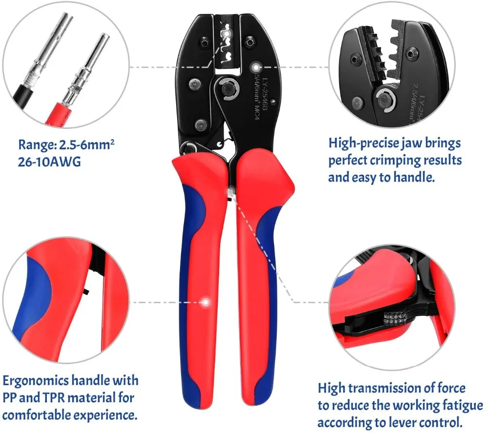 Solar Crimping Tool Kit for 2.5-6.0mm²/AWG26-10 Panel PV Cable with 6PCS Male Female Connectors MC3 Manual Electrician Tools