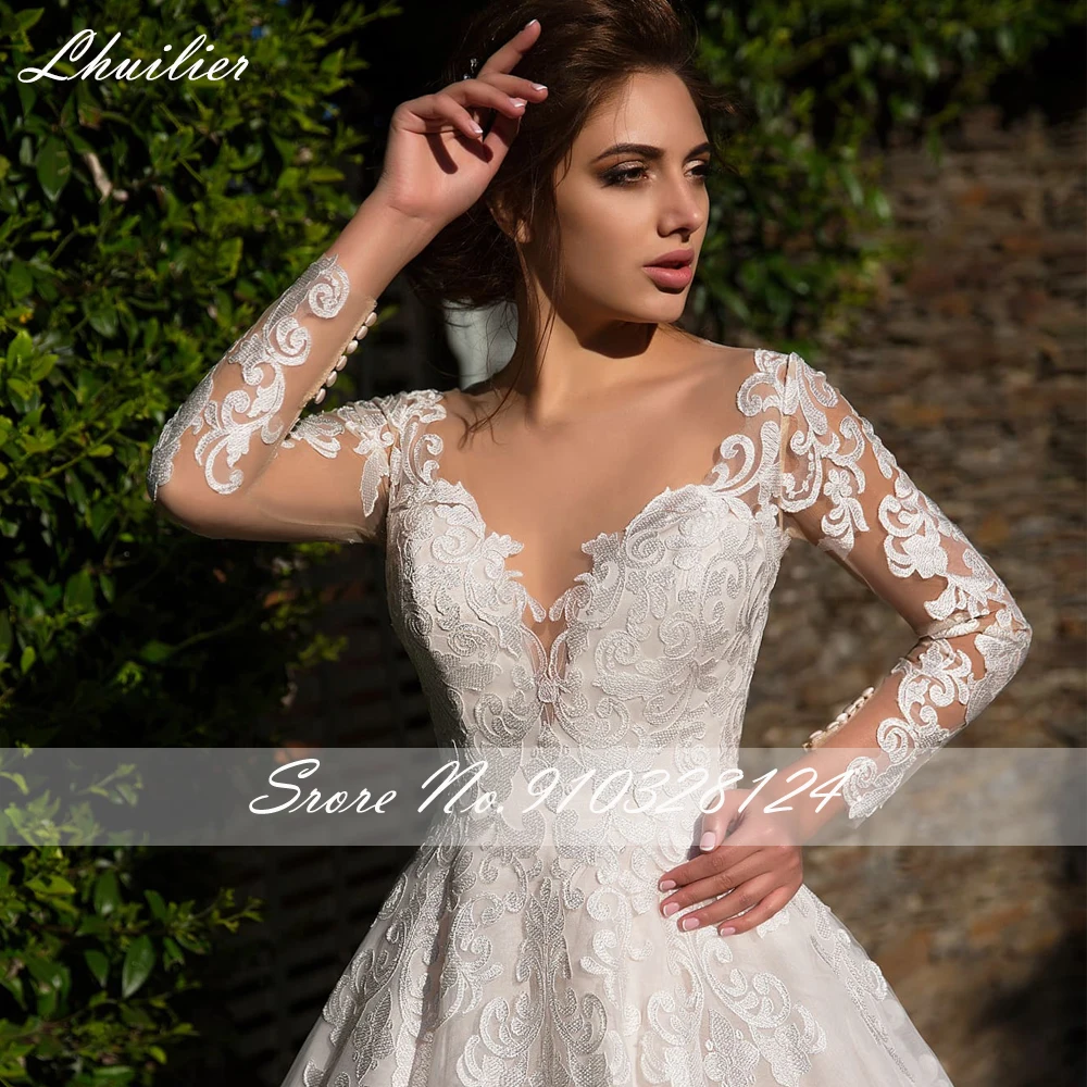 Lhuilier-Vestidos de Novia de encaje con cuello transparente, manga completa, longitud hasta el suelo, ilusión trasera, tren de barrido