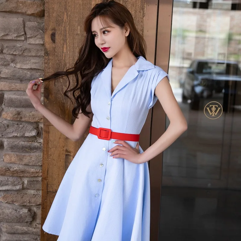 50S 60S Retro Europe And America Light Blue Stripes A Line One-Row Buckle Slim Fluffy Dress Hepburn Style Dress