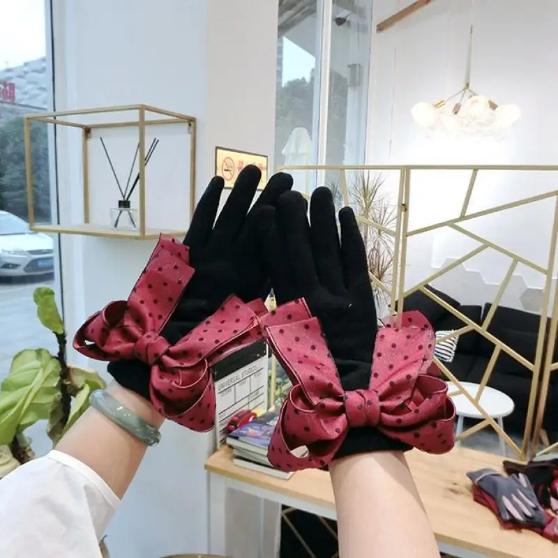 Japanese Wave Point Tassel Bow Winter Warmth Thick Five-Finger Wool Gloves Female Cycling Touch Screen Versatile Gloves