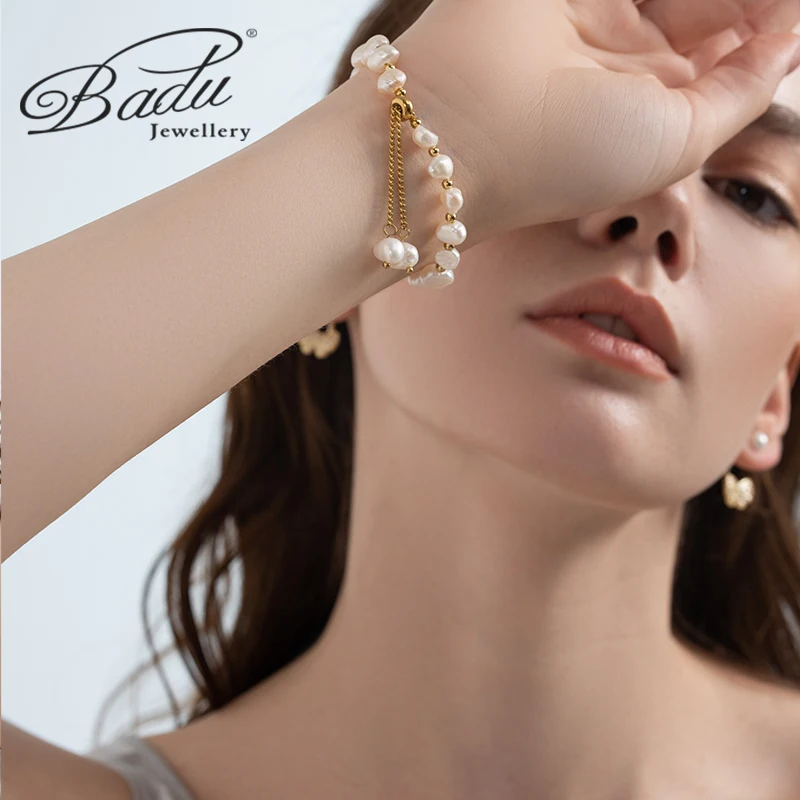 Badu Real Natural Freshwater Baroque Pearl Stainless Steel Bracelets for Women Beads Jewelry Gifts for The New Year