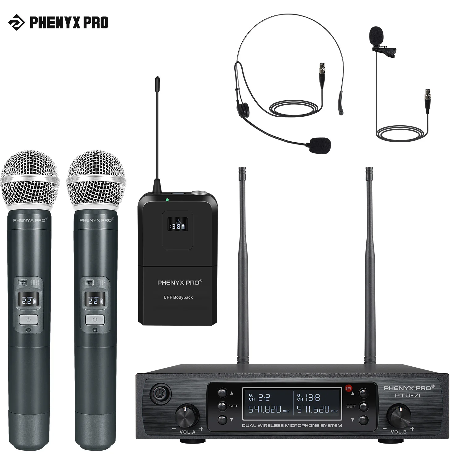 

Phenyx Pro Dual Channel Cordless Mic Set 2x100 Channels 500MHz 2x100 Channels PTU-71