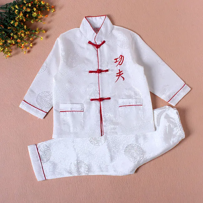 Conjunto de vestuário infantil de manga comprida bordado kung fu, estilo chinês, conjunto de vestuário jaqueta + calças, fantasia terapêutica 2-16 yzt082506