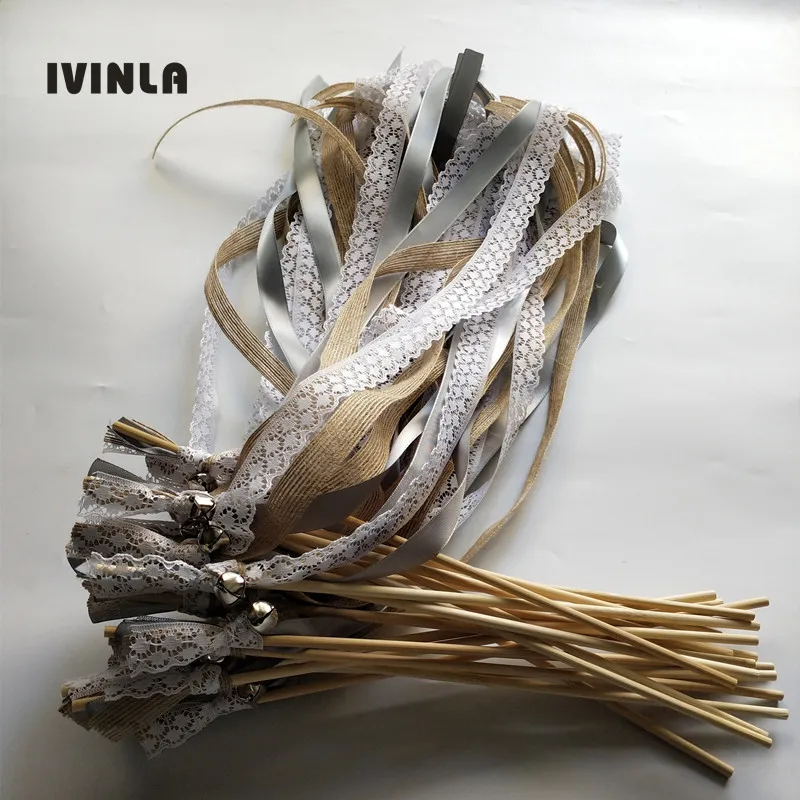 

50pcs/lot sliver jute Wedding Ribbon Wands with bell for wedding decoration