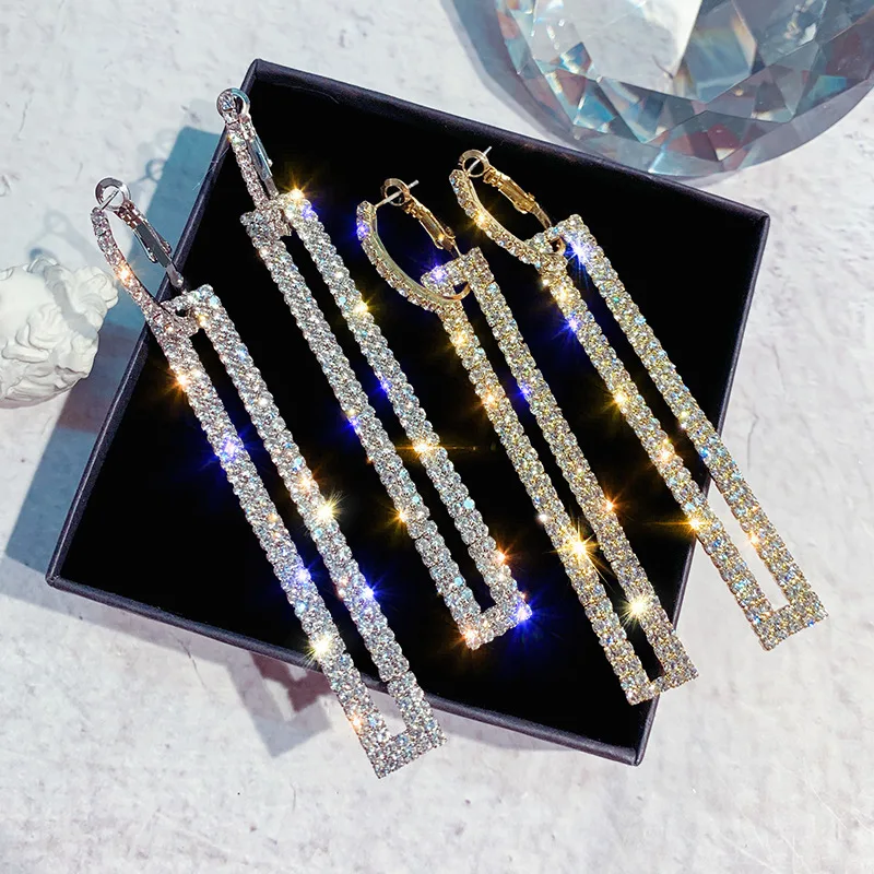 Luxury Long Rectangle Drop Earrings For Women Geometric Rhinestone Dangle Earring Fashion Female Wedding Party Jewelry