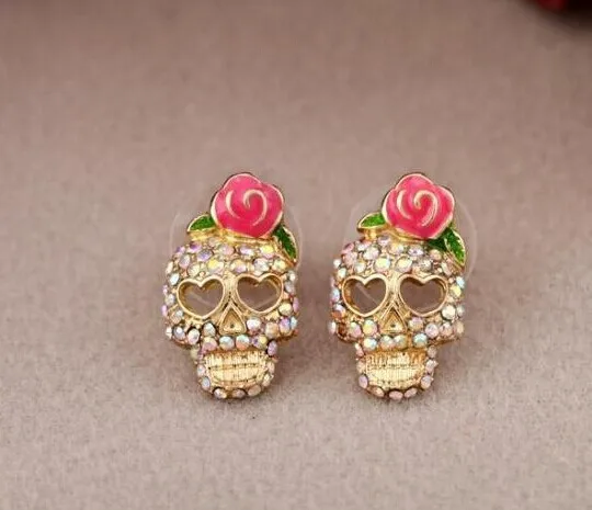 Nuevos pendientes de calavera con esqueleto de cristal y diamantes de imitación Vintage exagerados de Europa y América para mujer, joyería Punk para