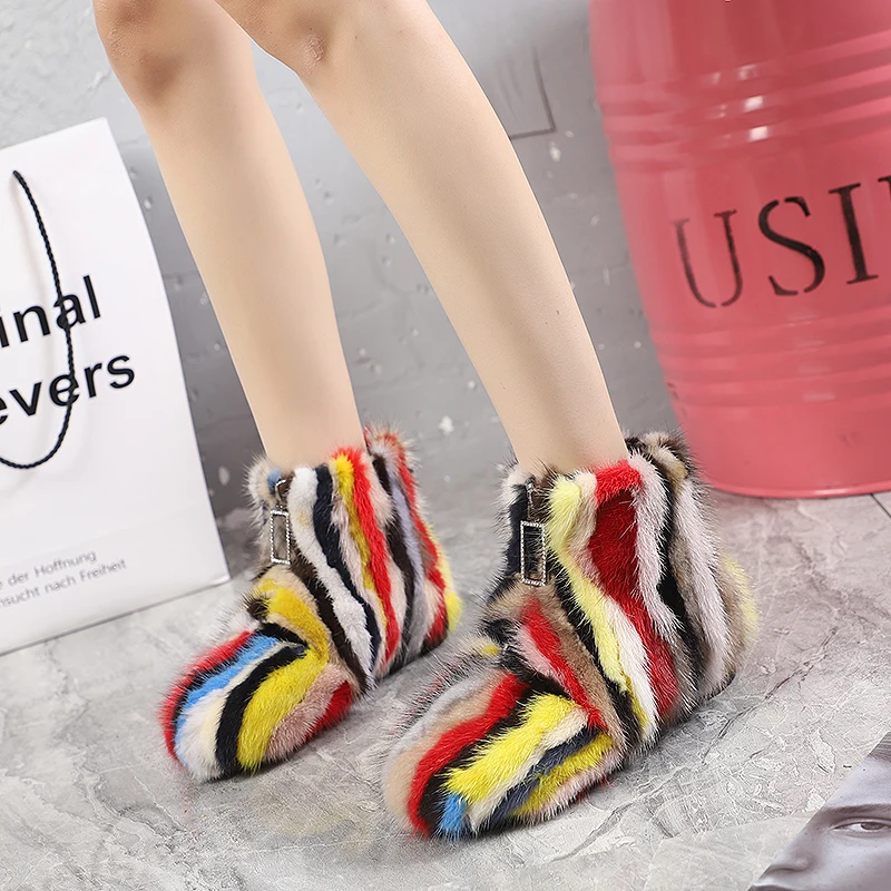 Womens Real Mink Fur Match Colors Furry Ankle Boots Snow Warm Winter Rhinestones Crystal Decor Shoes Luxury Plus Size 2023