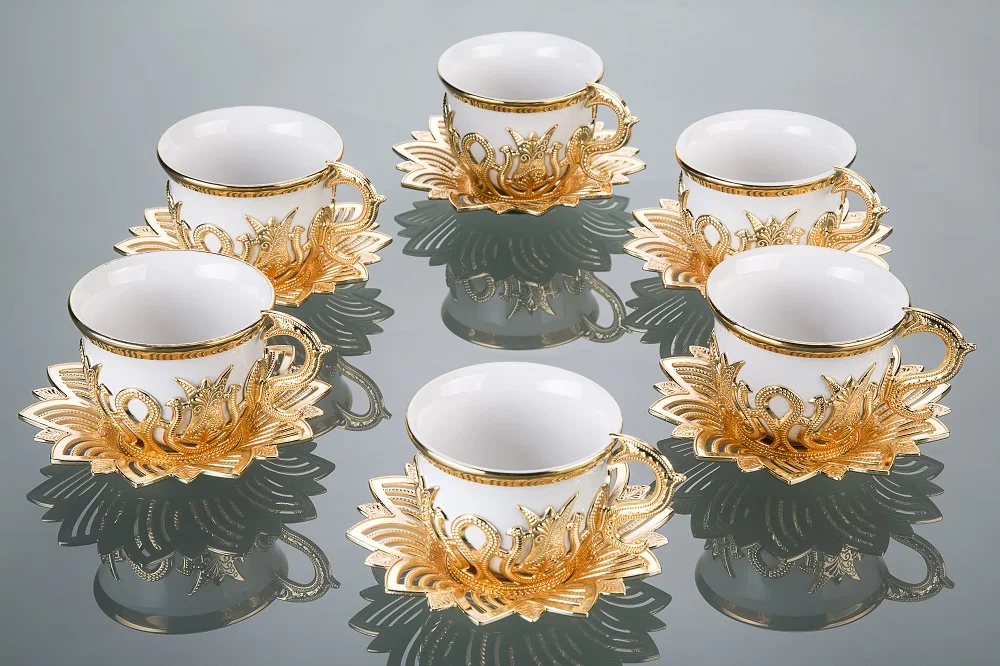 Espresso Coffee Cups with Saucers Set x 6, Porcelain Turkish Arabic Greek Coffee Cup and Saucer, gold/White Color by LaModaHome