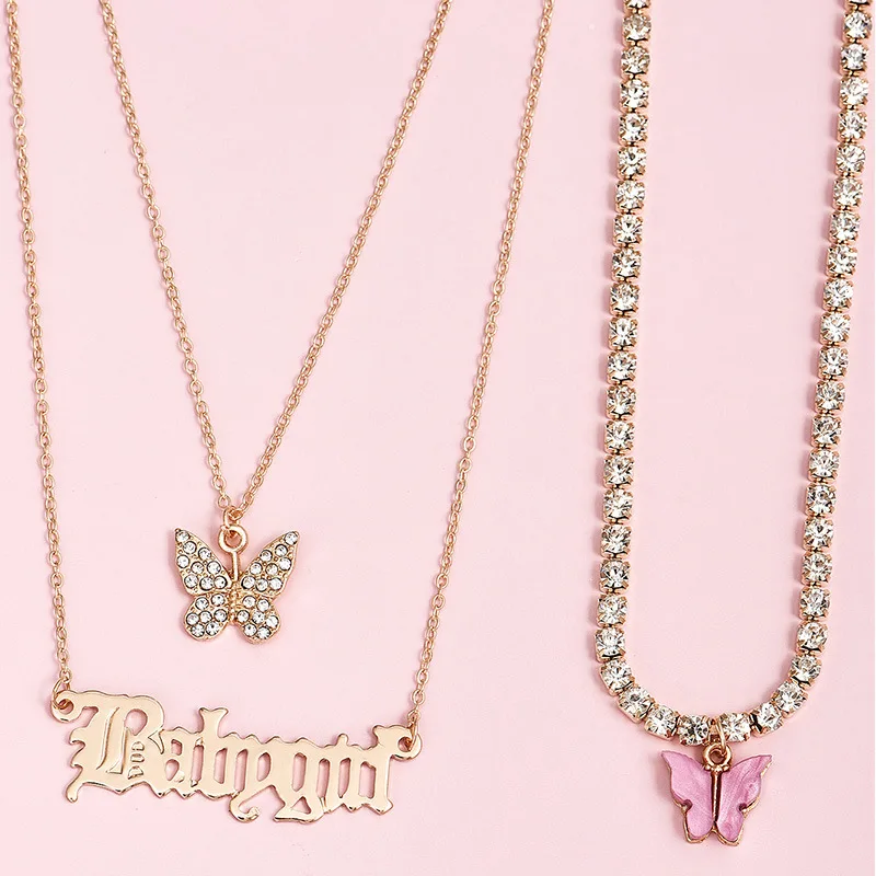 HI MAN Bohemian Simple Letter Multi-layer Necklace Women Pavé Crystal Butterfly Pendant Fashion Generous Travel Leisure Jewelry