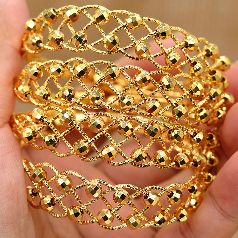 24K Copper 4pcs Ethnic Bead Gold Color Saudi Arabic Bangles For Girls Bracelet Women Girl Africa Bangles Wedding jewelry