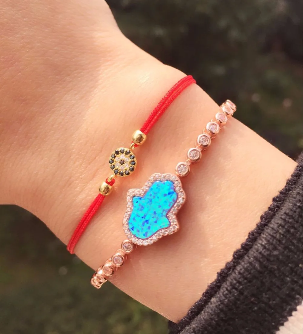 Pulsera de plata de ley 2017 para mujer, cadena trenzada de fábrica, color rojo, mal de ojo, Ópalo azul, jamones, mano, joyería fina, boda, 925