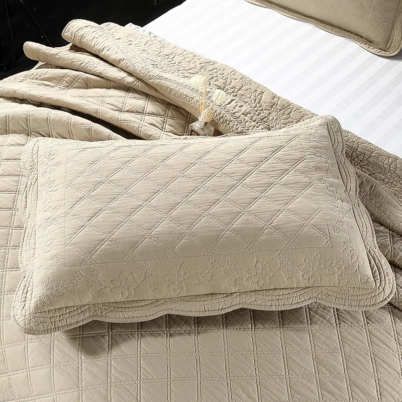 CHAUSUB Cotton Quilt Set 3PCS King Queen Size Bedspread on the Bed Blanket Quilted Bed Cover Solid Color Embroidered Coverlet