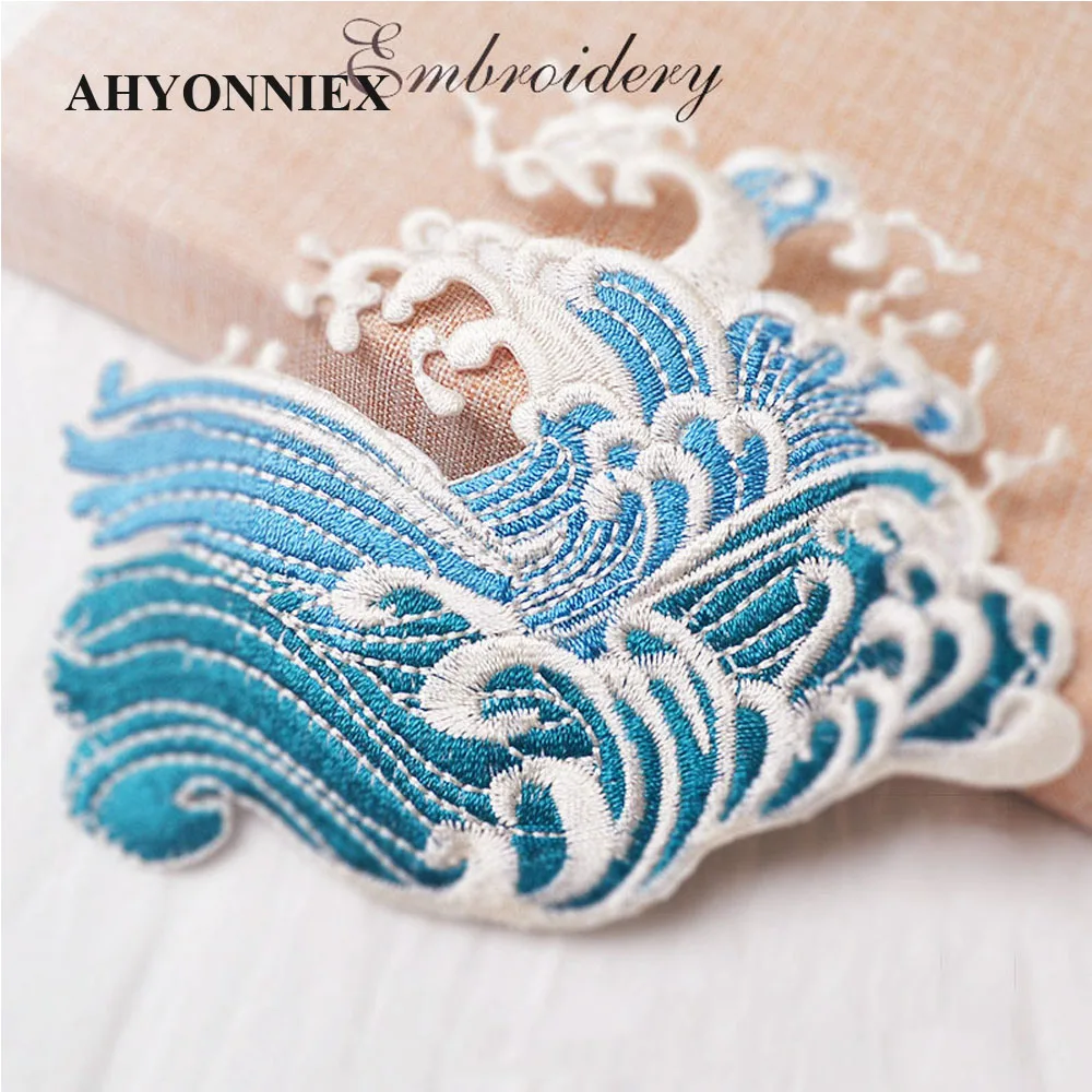 AHYONNIEX Blue Sea Spray Embroidery Repair Patches Bag Jacket Jeans Strip Iron On Patches for Clothes Pairs Glue Sticker