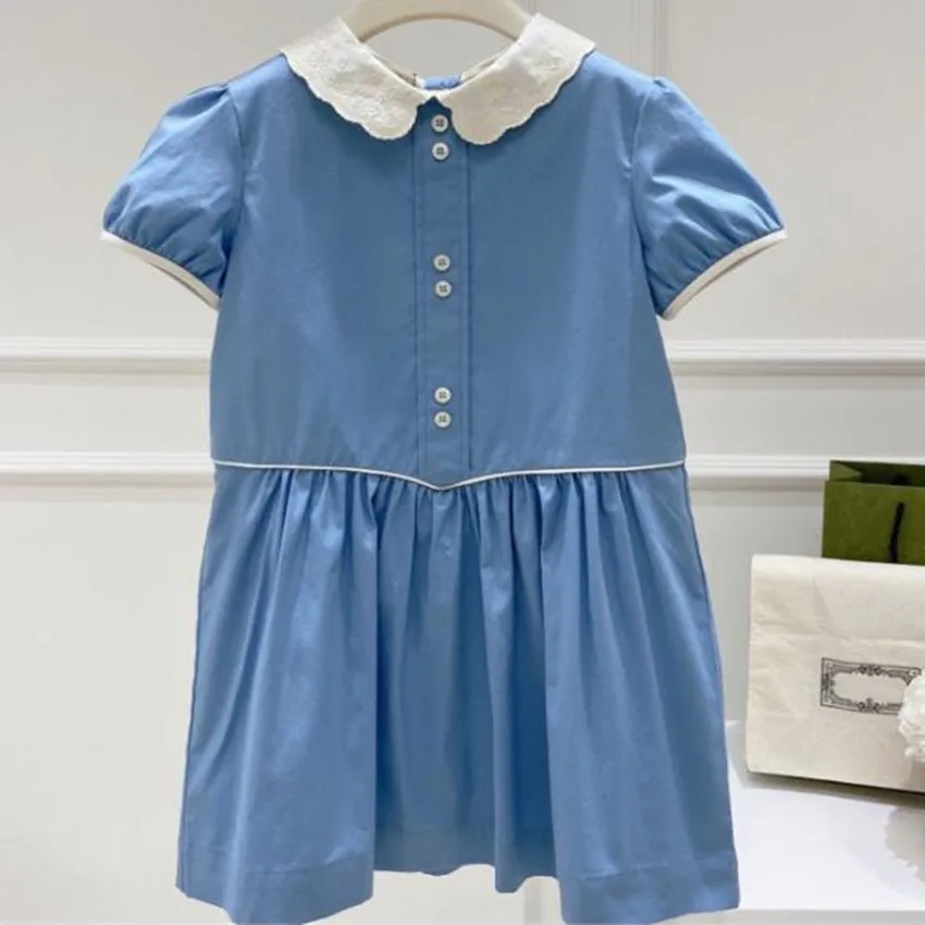 Baby girl summer preppy style blue princess dress kids puff sleeve cotton stitching peter pan collar dress