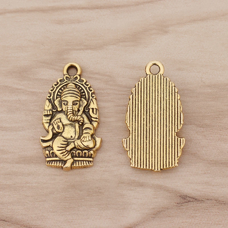 10 Pieces Antique Gold Color Ganesha Buddha Elephant Charms Pendants Beads for Necklace DIY Jewellery Making 28x16mm