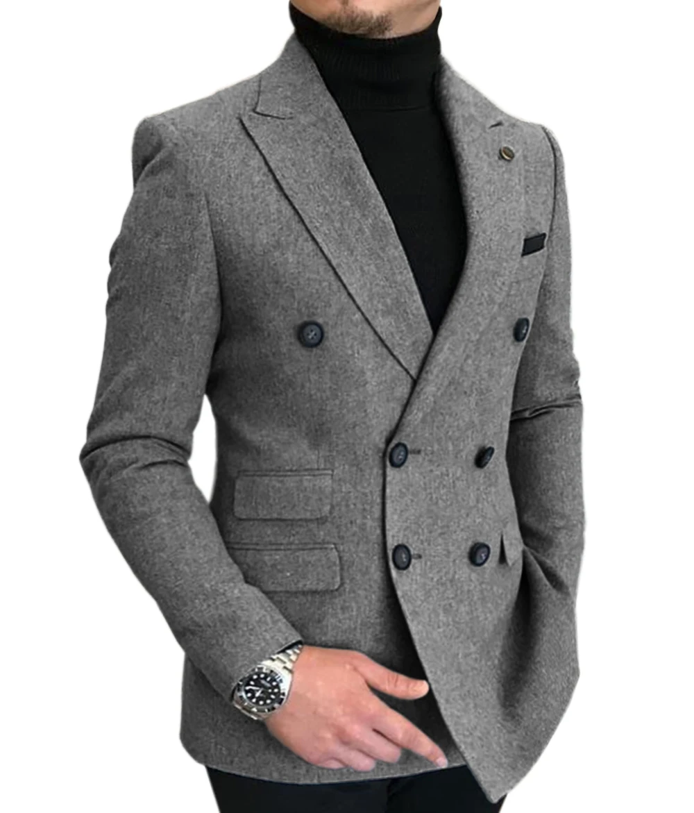 Only Jacket 1PCS Formal Men\'s Wool Bussiness Prom Tuxedos 1 Piece Double Breasted Patterned Blazer for Wedding Groomsmen