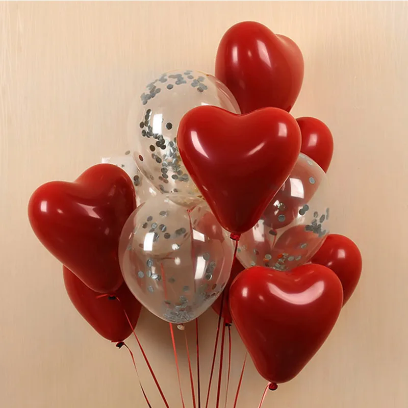 18pcs Ruby Red Love Heart Shape Latex Balloons Set Confetti Baby Shower Birthday Decoration Wedding Valentines Party Decor Balls