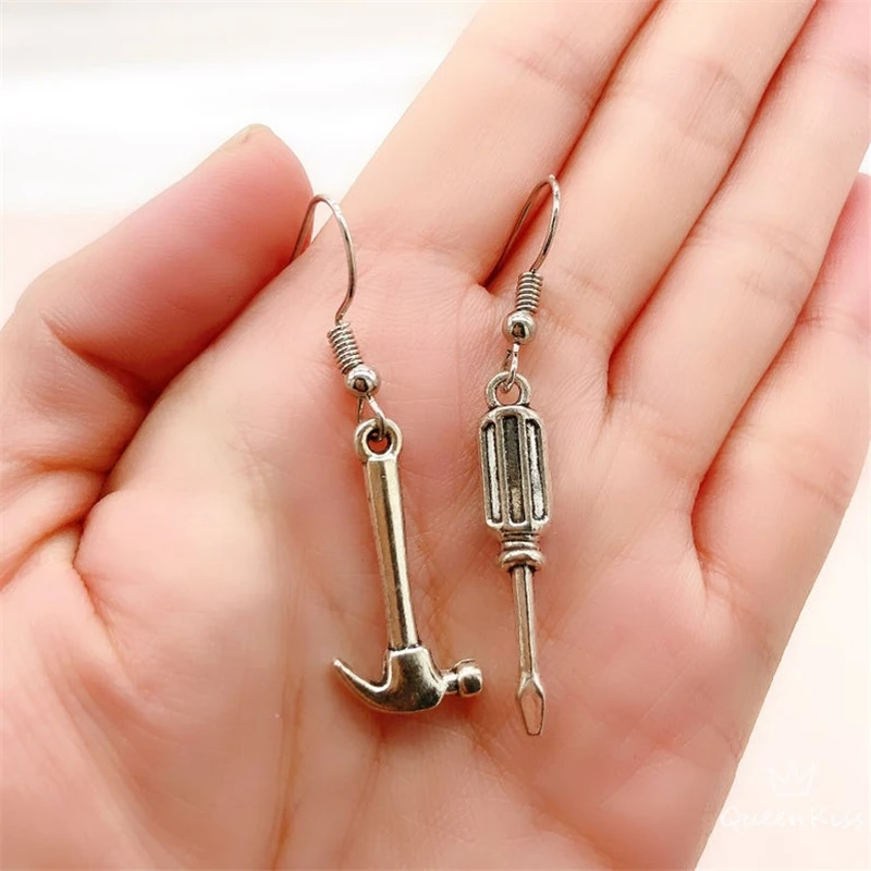 Cute Adorable Hammer and Screw Driver Tools Antique Silver Color Earrings Mismatch Tool Earrings