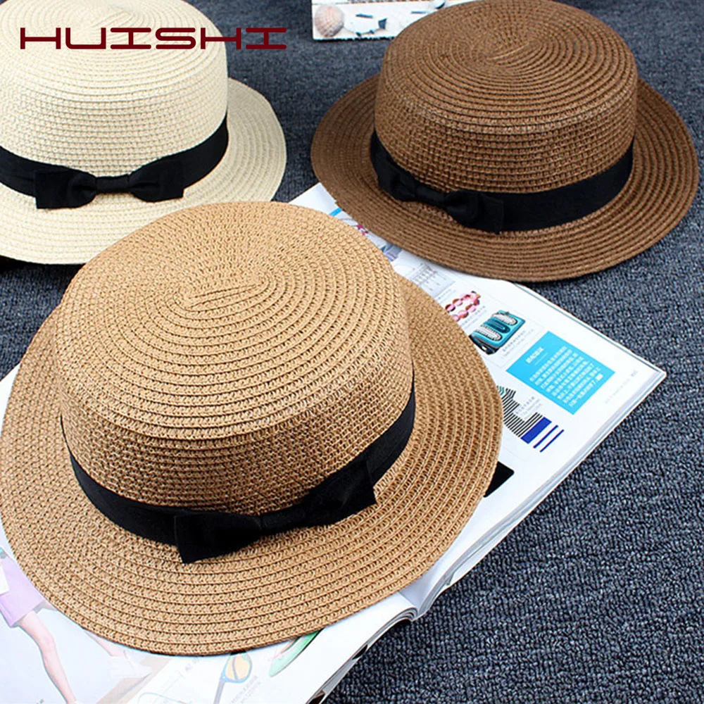 HUISHI Hats For Women Straw Colorful Bowtie Beige Sun Hat Panama Flat Top Straw Parent-child Sunhat Ladies Girl Beach Summer Cap