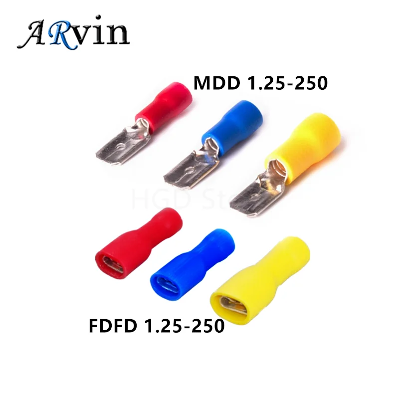 FDFD 1.25-250 MDD1.25-250, 빨간색 암 및 수 스페이드 절연 전기 압착 단자 커넥터, 배선 케이블 플러그, 6.3mm, 100 개