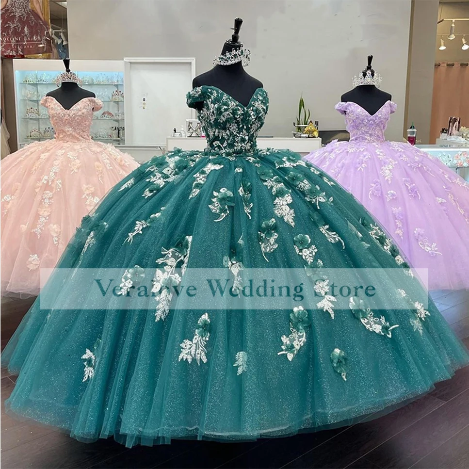 الأخضر الداكن Quinceanera فساتين لحضور الحفلات الموسيقية 2022 قبالة الكتف زين الدانتيل الكرة ثوب حفلة حلوة 15 16 فستان حفلة Quinceañera Anos