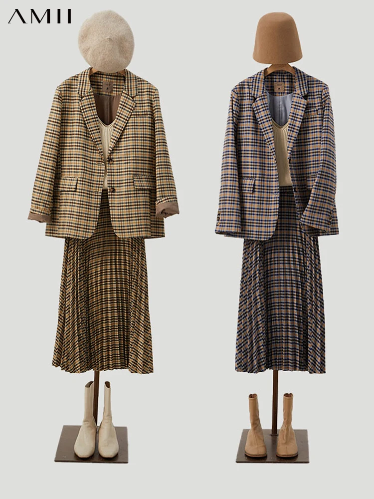 Amii Minimalism Women's Elegant Plaid Blazer Skirt Office Lady Suit Coat High Waist Long Skirts Female Dress s 12141217