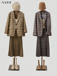 Amii Minimalism Women's  Elegant Plaid Blazer Skirt Office Lady Suit Coat High Waist Long Skirts Female Dress s 12141217