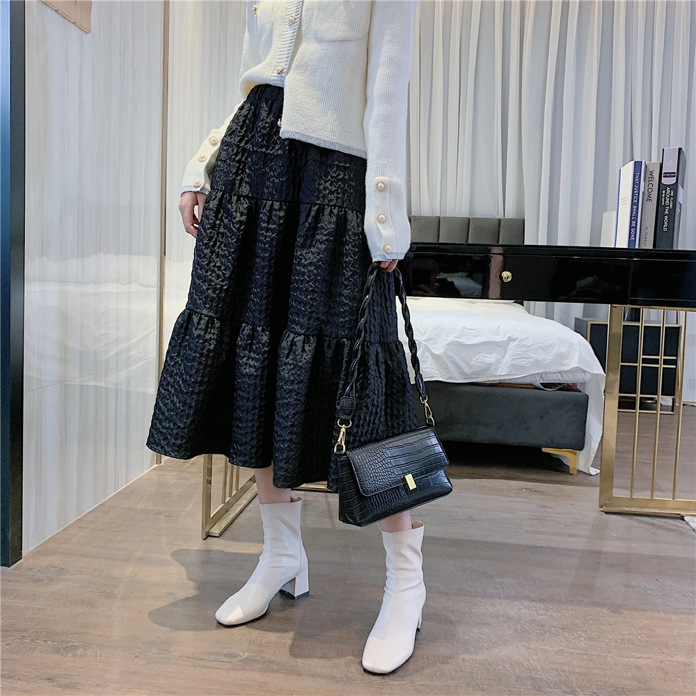 2025 Black Skirt High Quality Jacquard Material Women Solid Color Long Pendulum Skirt Female Modest Classy Skirts With Big Swing