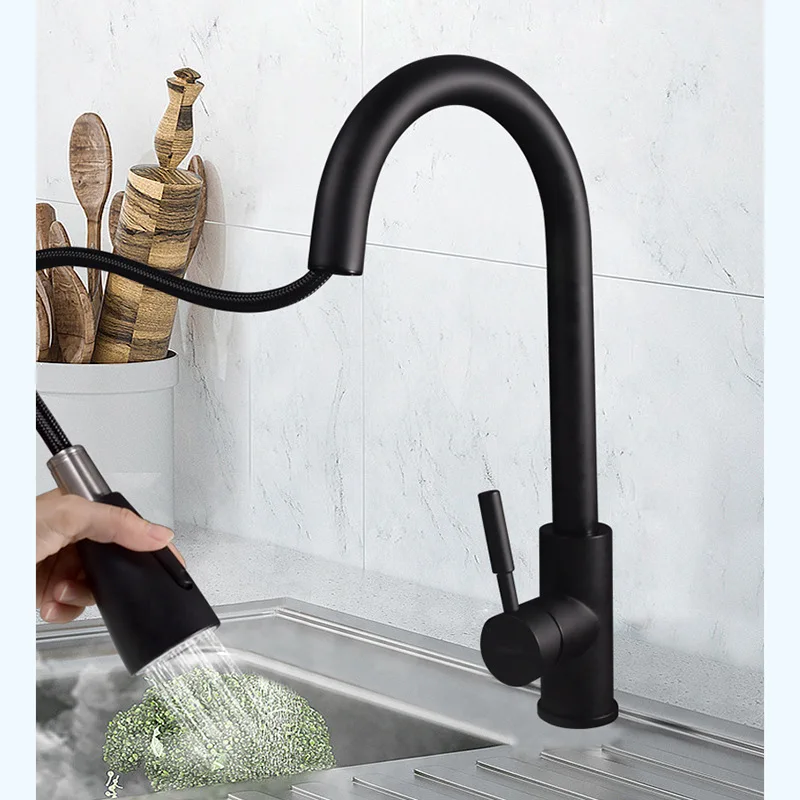 Pull-out Kitchen Sink Hot and Cold Water Faucet Stainless Steel Household Kitchen Sink Vegetable Basin Kitchen Telescopic Faucet